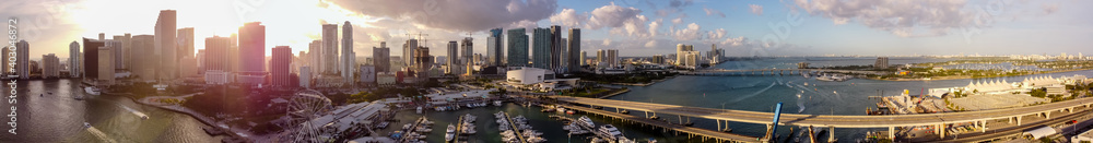 Aerial panorama Downtown Miami sunset scene