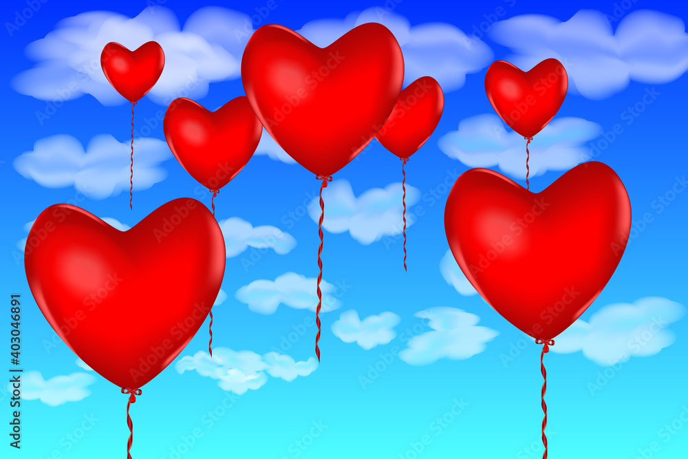 Group of heart shaped red air baloon floating on blue sky with clouds. Valentines day and romance concept. Vector illustration.
