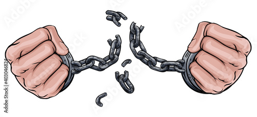Hands in fists breaking the chain of shackle cuffs freedom concept design