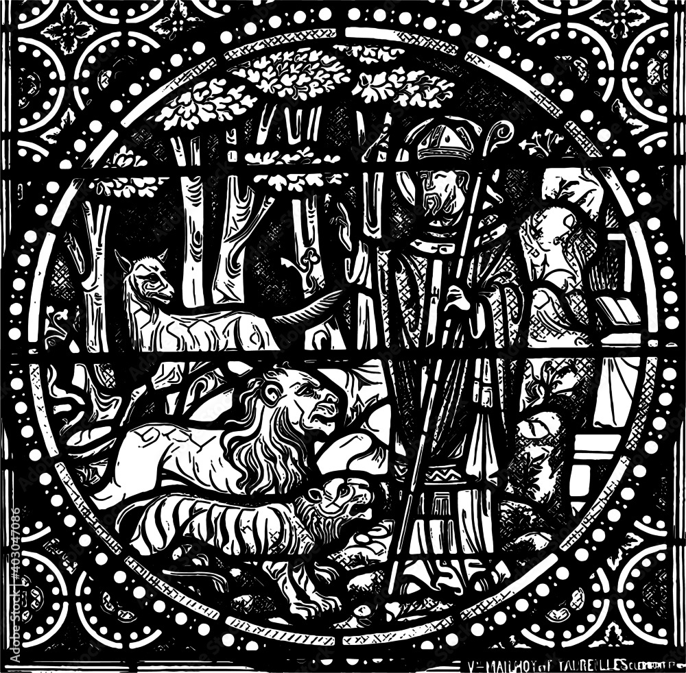 Naklejka premium Bishop Blessing the Beasts Stained-Glass.