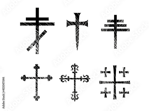 Set of types of Christian crosses. Vector illustration of russian, papal, jerusalem and cleves cross.
