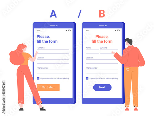 Split AB testing the registration form in the mobile application. Characters stand next to smartphones with different designs. Vector flat illustration.