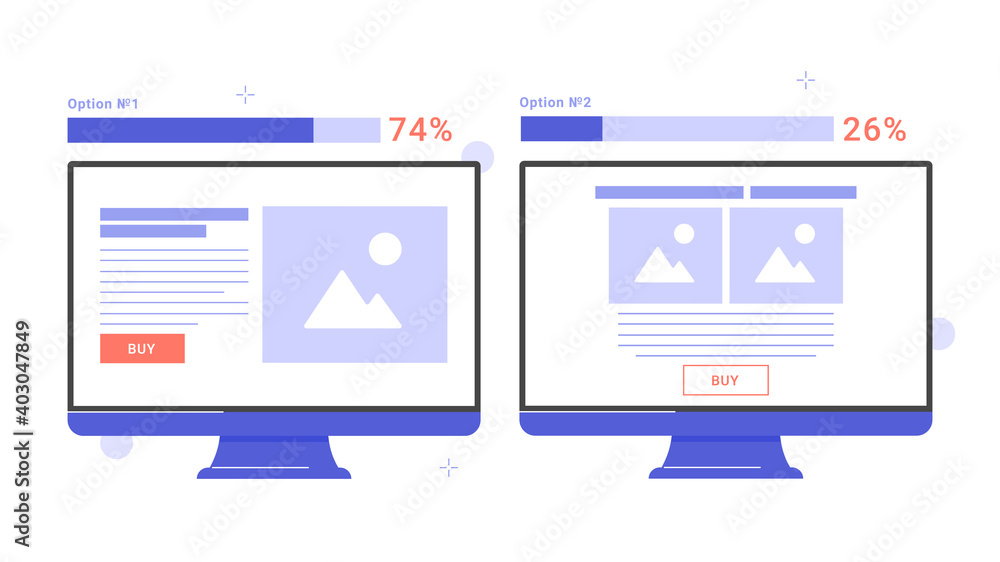 Two monitors with a landing page web design on displays. Split testing, AB testing and results. Vector flat illustration. Two monitors with a landing page web design on displays. Split testing, AB testing and results. Vector flat illustration.