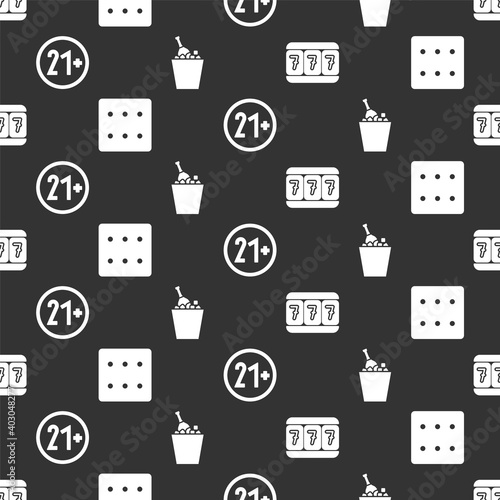 Set Slot machine with lucky sevens, Game dice, 21 plus and Champagne in an ice bucket on seamless pattern. Vector.