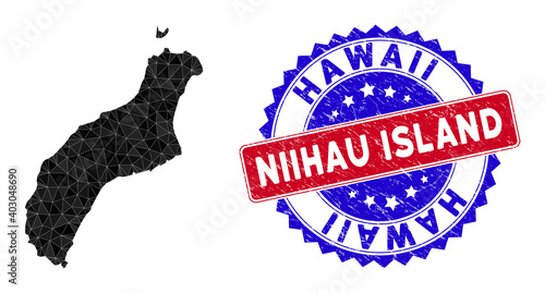 Niihau Island map polygonal mesh with filled triangles, and unclean bicolor stamp imitation. Triangle mosaic Niihau Island map with mesh vector model, triangles have randomized sizes, and positions, photo