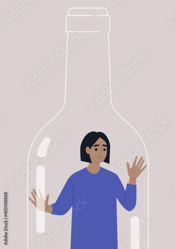Alcohol addiction problem, a young female character trapped inside a wine bottle