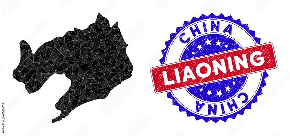 Liaoning Province map polygonal mesh with filled triangles, and rubber bicolor stamp print. Triangle mosaic Liaoning Province map with mesh vector model, triangles have variable sizes, and positions,
