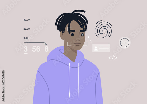 Face, eye, and fingerprint scanning technologies, cybersecurity, biometrics, a young male Black character passing the identity test