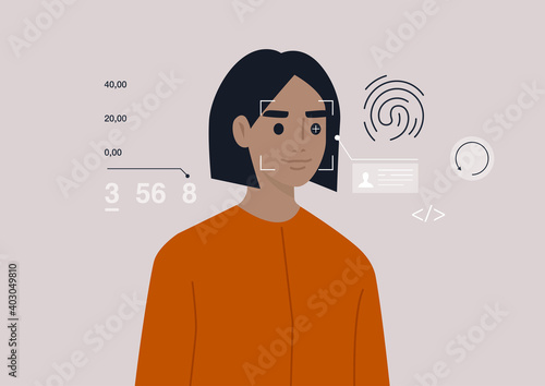 Face, eye, and fingerprint scanning technologies, cybersecurity, biometrics, a young female character passing the identity test