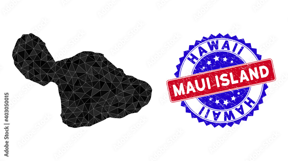 Maui Island map polygonal mesh with filled triangles, and grunge