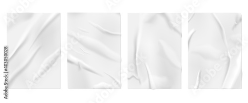 Glued paper. Wall posters, blank wrinkled surface mockup. White ripped wet effect with wrinkles, creased fabric flyers recent vector set. Illustration rough gluing blank, empty template