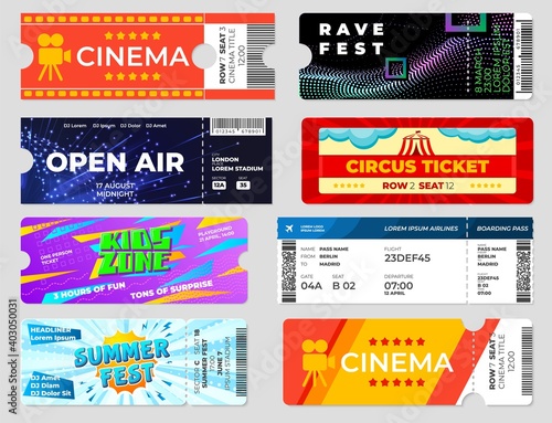 Entertainment tickets. Concert cinema event flyers, circus fest invitation cards template. Boarding pass, entrance papers recent vector set. Concert and cinema, event ticket open air illustration
