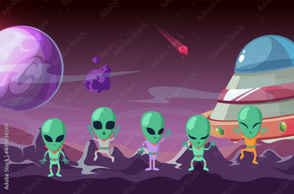 Aliens on planet. Colonization planet, spaceship and ufo. Cartoon ...