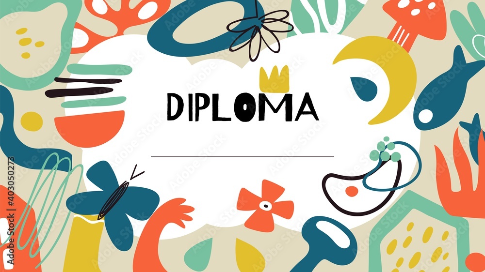 Diploma template. Doodle contemporary certificate design for children or adults. Modern blank award banner vector background. Blank document education, graduate award illustration