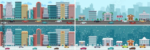 City panorama. Downtown, suburb town road. Cute buildings diverse seasons. Snowy time, winter and summer urban landscape, cars on highway vector illustration. Cityscape scenery downtown construction