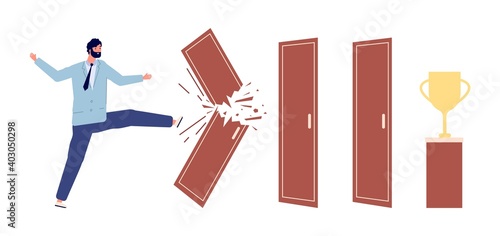 Man broken door. Way to success metaphor, work progress or overcoming obstacles. Businessman and troubles vector concept. Businessman strong breakthrough, breaking difficulty wall illustration