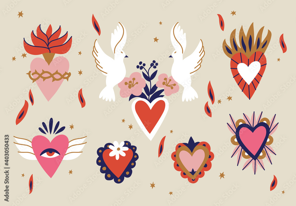 Various Sacred hearts. Traditional Mexican hearts. Hand drawn colored trendy vector illustration. Seamless pattern Various Sacred hearts. Traditional Mexican hearts. Hand drawn colored trendy vector illustration. Seamless pattern