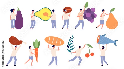 Tiny people hold big food. Fruit vegetables, giant goods. Store or supermarket characters, farm industry. Woman man with grape meat fish vector set. Illustration people with food nutrition, huge food