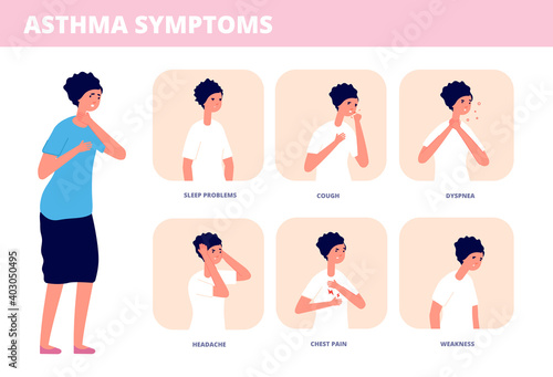 Asthma symptoms. Person choking, chronic breathing problem disease. Asthmatic breath infographic, allergy or sickness utter vector concept. Illustration asthma symptoms, medical allergy