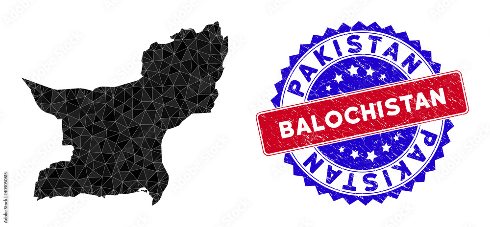 Balochistan Province map polygonal mesh with filled triangles, and unclean bicolor stamp imitation. Triangle mosaic Balochistan Province map with mesh vector model, triangles have different sizes,