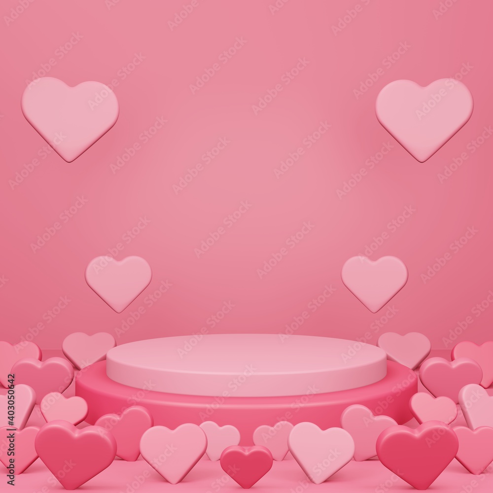Valentines day, 3d round podium or pedestal with red empty studio room, minimal product background with heart floating and on the floor, template mock up for display