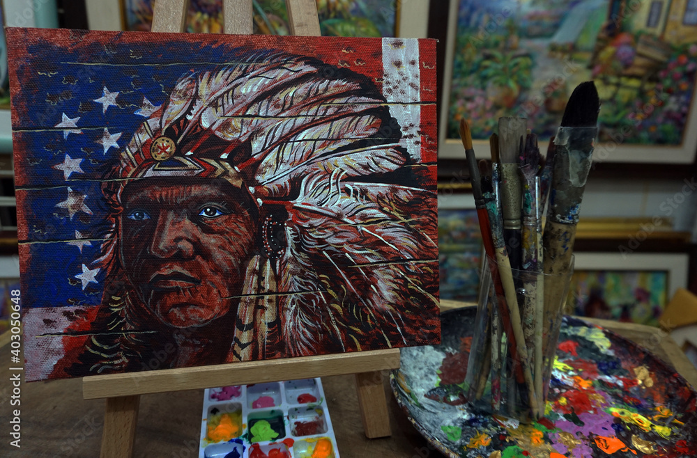 Face Apache , Art painting oil color , person , Native American , paint brushes, palette ,in gallery ,from thailand