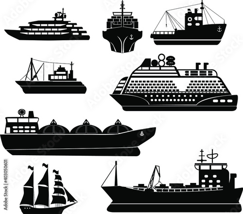 Ships and boats icons. Barge, cruise ship, shipping and fishing boat vector signs. Black silhouette of marine vehicles illustration