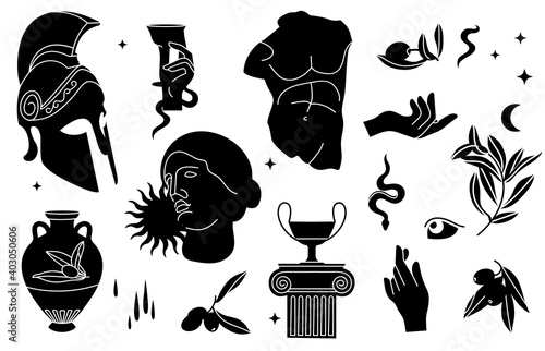 Vector illustration of bundle antique signs and symbols - statues, olive branch, amphora, column, helmet. Ancient greek or roman style elements.