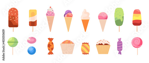 Sweet lollipops. Dessert sweets, candy ice cream cupcakes. Confectionery food, cartoon flat delicious kids gifts utter vector collection. Ice cream treat and confectionery delicious illustration