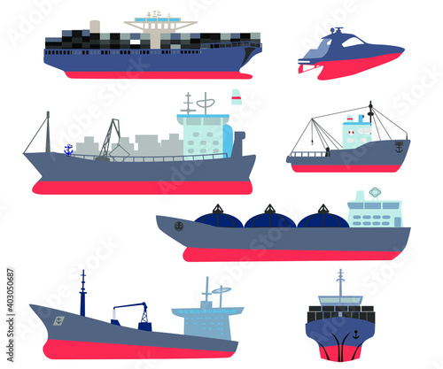 Maritime ships flat. Water carriage, vessels boats yacht ship battleship warship large vessel and speedboat. Sea cargo dock vector set