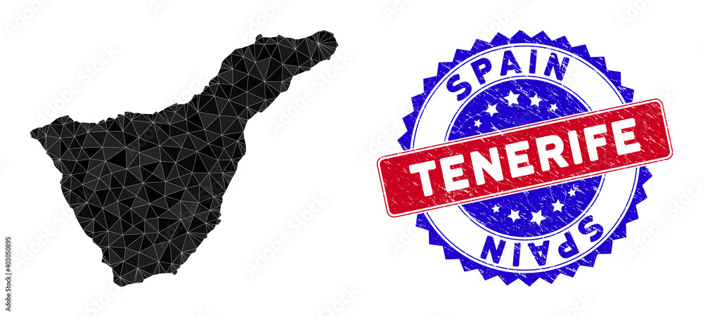 Tenerife Spain Island map polygonal mesh with filled triangles, and rough bicolor stamp seal. Triangle mosaic Tenerife Spain Island map with mesh vector model, triangles have variable sizes,