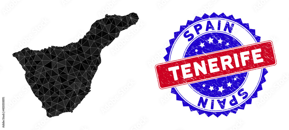 Fototapeta premium Tenerife Spain Island map polygonal mesh with filled triangles, and rough bicolor stamp seal. Triangle mosaic Tenerife Spain Island map with mesh vector model, triangles have variable sizes,