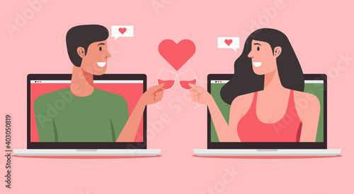 online dating concept, young couple cheer with glass of wine on laptop computer with long distance relationship and virtual love, vector flat illustration