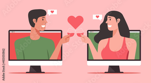 online dating concept, young couple cheer with glass of wine on computer with long distance relationship and virtual love, vector flat illustration