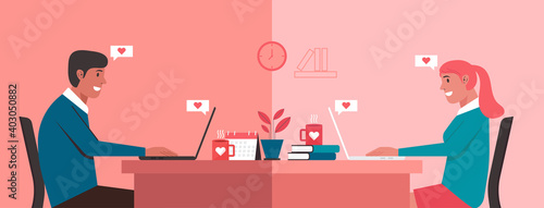 online dating concept, man and woman character chatting to each other on laptop computer and staying at home with long distance relationship and virtual love, vector flat illustration