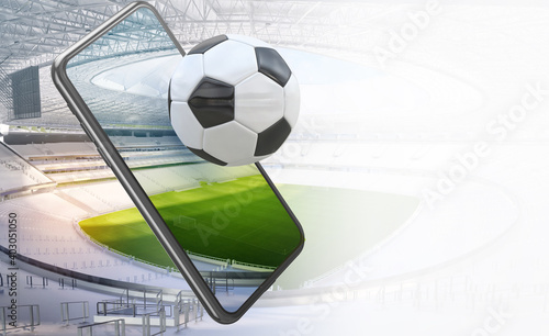 Leinwand Poster Football soccer sport stadium field, smartphone with ball, tribunes