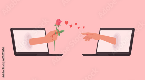 online dating or long distance relationship and virtual love concept, male hand giving rose to female hand via laptop screen, vector flat illustration