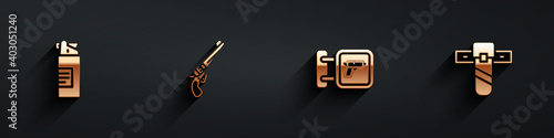 Set Weapons oil bottle, Revolver gun, Hunting shop weapon and Knife holster icon with long shadow. Vector.