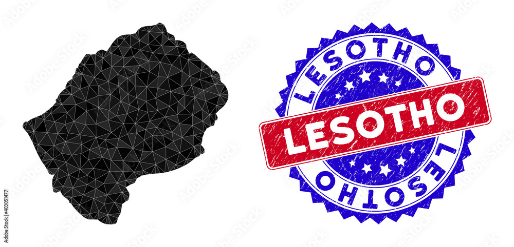 Lesotho map polygonal mesh with filled triangles, and rough bicolor rubber seal. Triangle mosaic Lesotho map with triangular vector model, triangles have various sizes, and positions, and color tones.