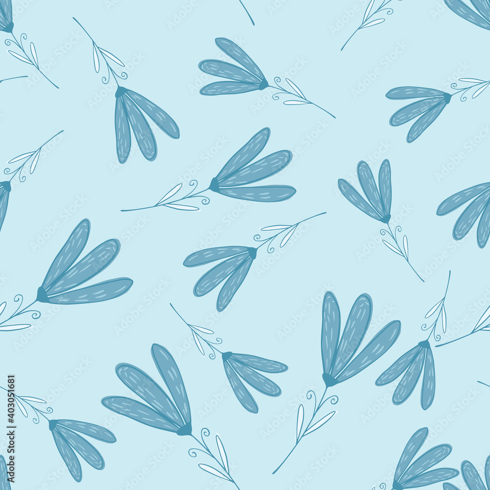 Fototapeta premium Random seamless pattern with blue simple flower silhouettes. Pastel background.