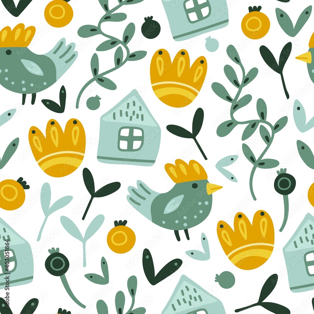 Fototapeta premium Children's cute vector pattern with natural elements.