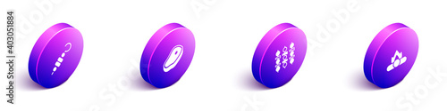 Set Isometric Grilled shish kebab, Steak meat, and Campfire icon. Vector.