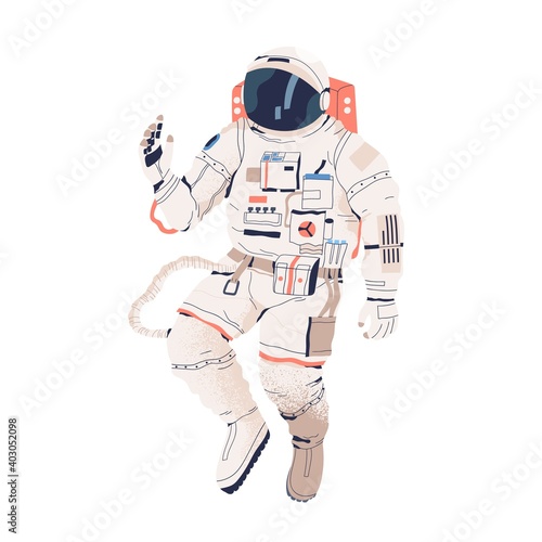 Astronaut or cosmonaut in spacesuit in zero gravity isolated on white background. Spaceman with oxygen tank soaring in weightlessness. People exploring universe. Flat textured vector illustration