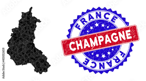Champagne Province map polygonal mesh with filled triangles, and rubber bicolor rubber seal. Triangle mosaic Champagne Province map with mesh vector model, triangles have variable sizes,