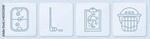 Set line Air hockey table, Planning strategy, Ice hockey stick and puck and Hockey helmet. White square button. Vector.
