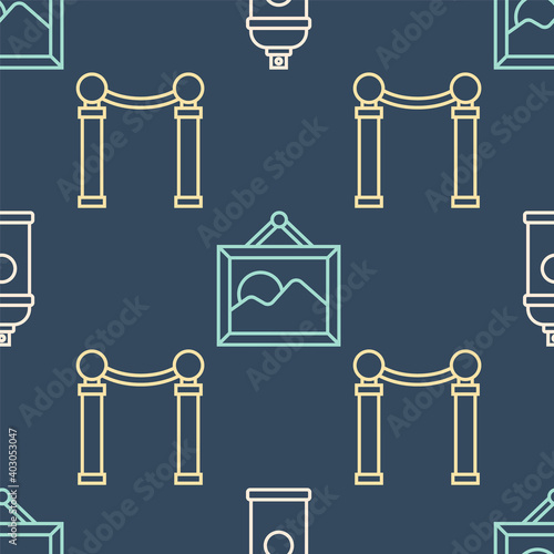 Set line Paint spray can, Exhibition of paintings and Picture landscape on seamless pattern. Vector.