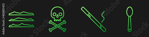 Set line Cigarette, Cocaine or heroin drug, Skull on crossbones and Heroin in a spoon. Gradient color icons. Vector.