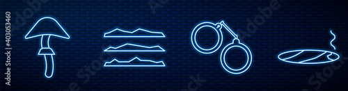 Set line Handcuffs, Psilocybin mushroom, Cocaine or heroin drug and Cigar with smoke. Glowing neon icon on brick wall. Vector.