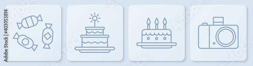Set line Candy, Cake with burning candles, Cake with burning candles and Photo camera. White square button. Vector.
