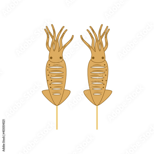 Grilled squid skewer. Cooked squid.
